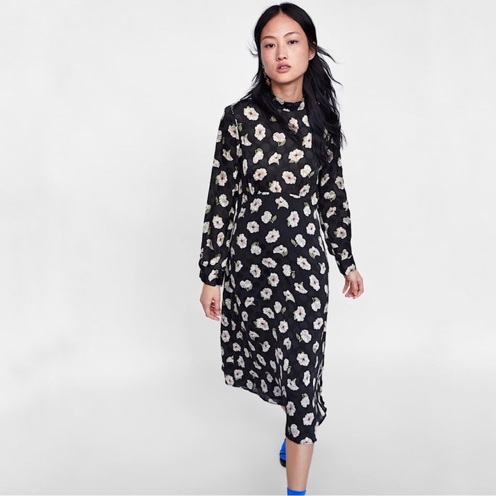 Zara Floral Jacquard Midi Dress Size L NWT